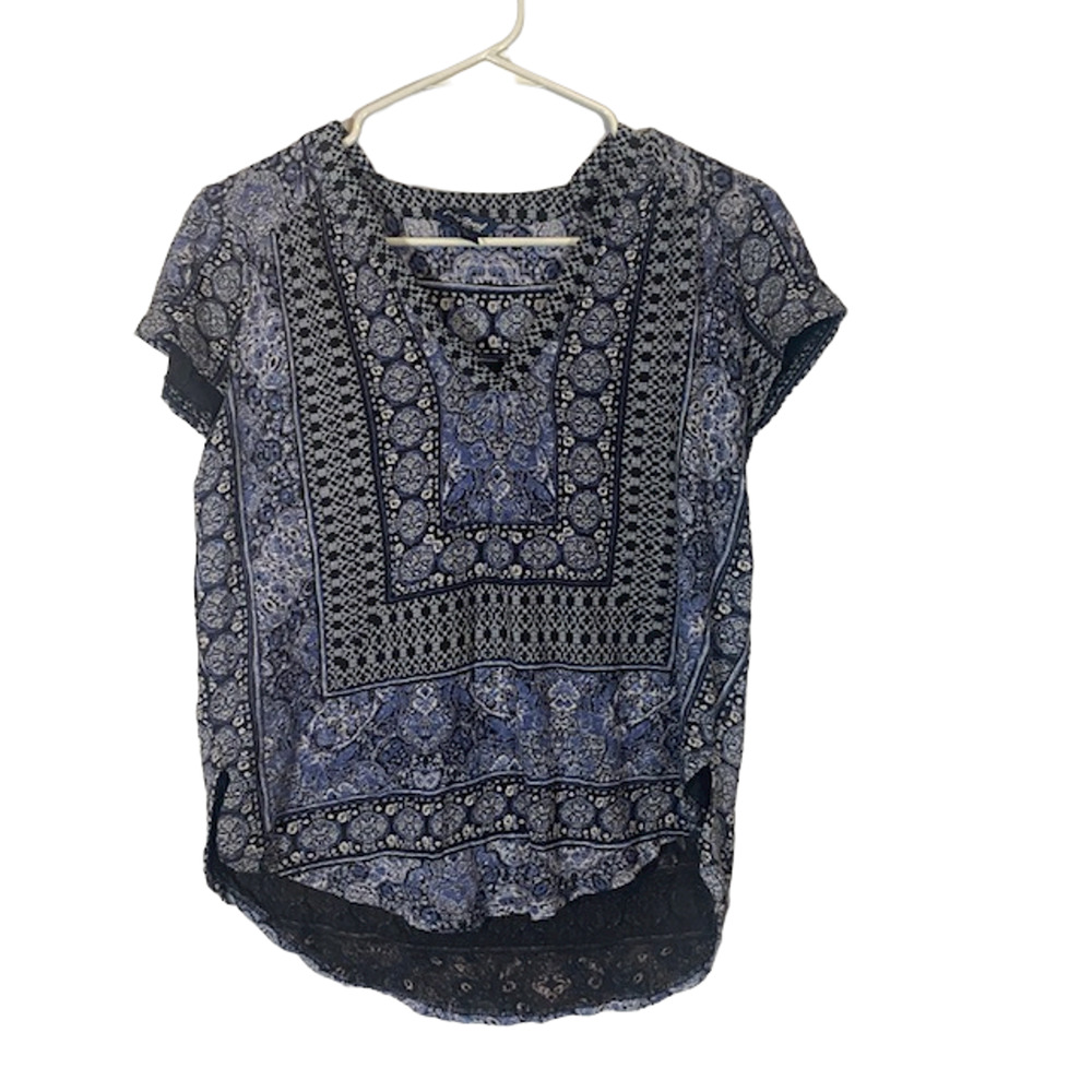 Lucky Brand Blue Paisley V-Neck Short Sleeve Lightweight Blouse Women Sz S